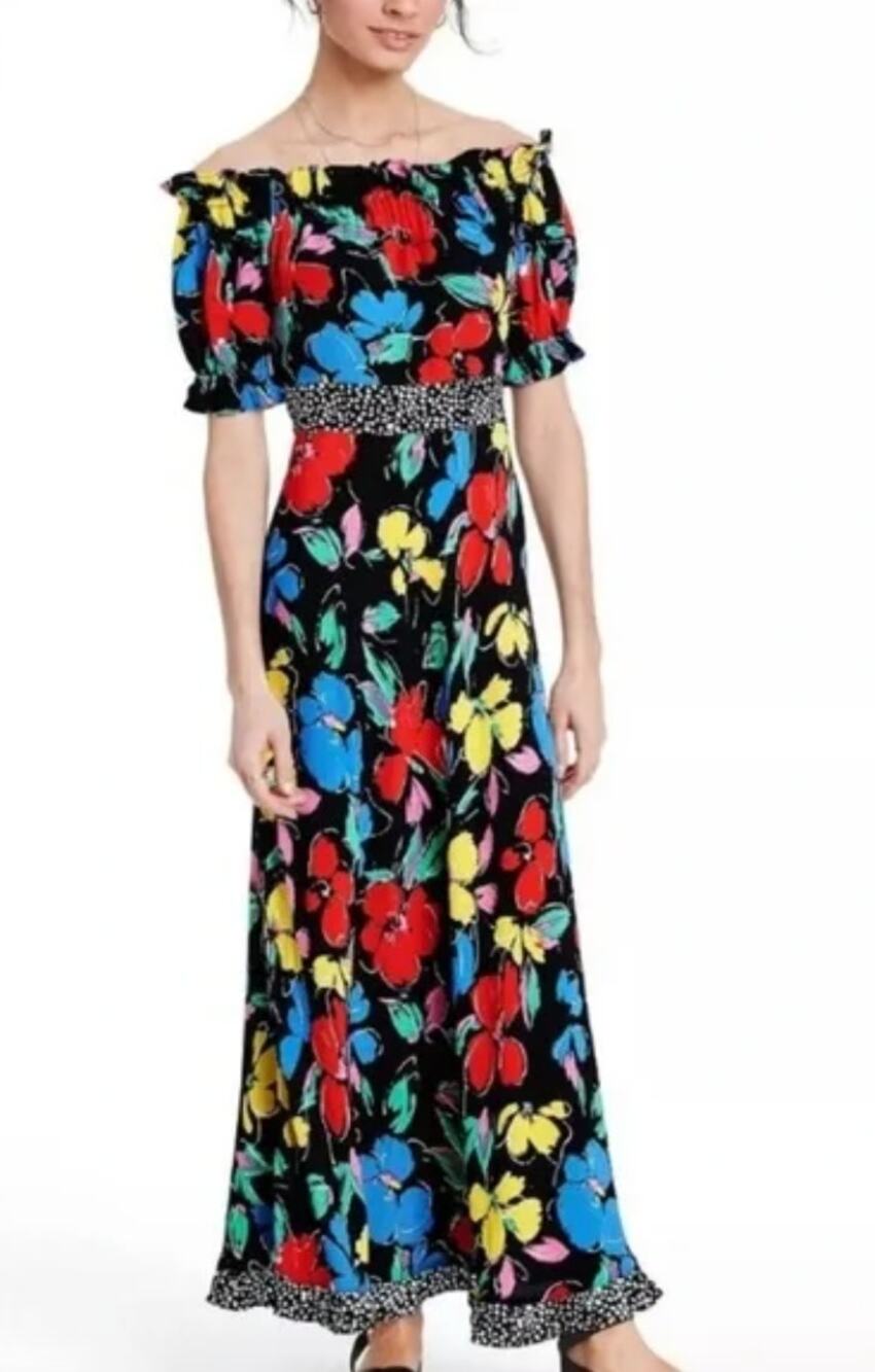 NWT Rixo x Target Womens Off The Shoulder Floral Black Multicolored Maxi Dress 0